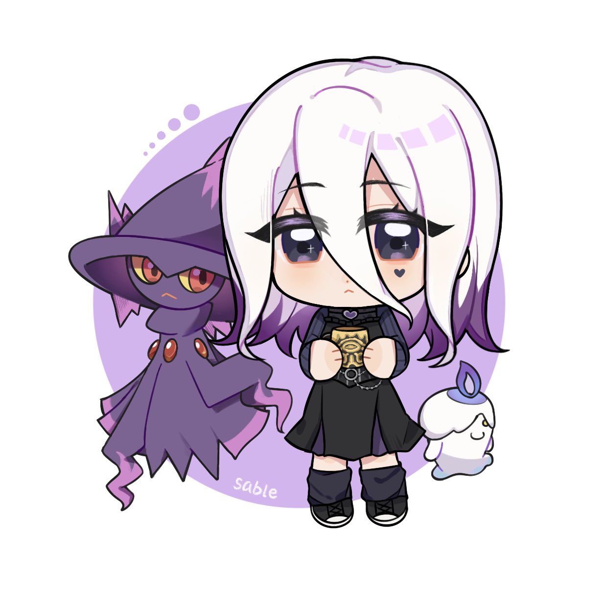 1girl, black_dress, black_eyes, cheek_tattoo, chibi, crossover, dead_by_daylight, dress, hair_between_eyes, heart, heart_tattoo, highres, litwick, long_hair, looking_at_viewer, mismagius, ozimo_azer, pokemon, pokemon_(creature), sable_ward, solo, tattoo, white_hair