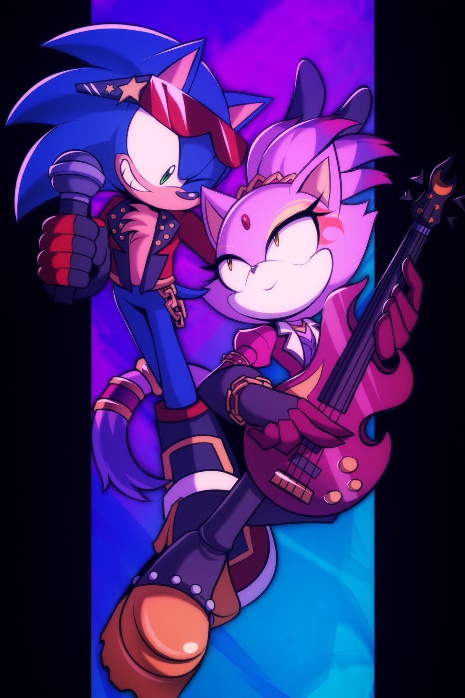 1boy, 1girl, animal_ears, bass_guitar, blaze_the_cat, blaze_the_cat_(bassist), blue_fur, cat_ears, cat_girl, cat_tail, commission, forehead_jewel, furry, furry_female, furry_male, gloves, green_eyes, highres, holding, holding_microphone, instrument, jacket, microphone, ponytail, purple_fur, smile, smirk, sonic_(series), sonic_the_hedgehog, sonic_the_hedgehog_(rockstar), tail, tinted_eyewear, wildblur, yellow_eyes