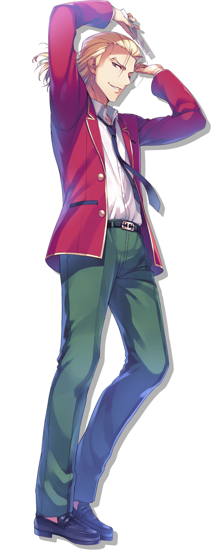 1boy, absurdres, ace_combat, advanced_nurturing_high_school_uniform, belt, black_belt, black_shoes, blazer