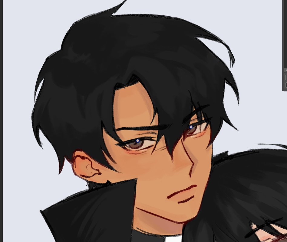 1boy, 1other, aegyo_sal, art_program_in_frame, black_coat, black_eyes, black_hair, close-up