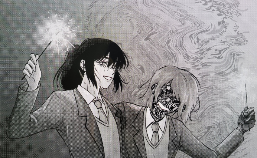 2girls, arm_around_back, black_hair, censored, censored_identity, coat, collared_shirt, crying