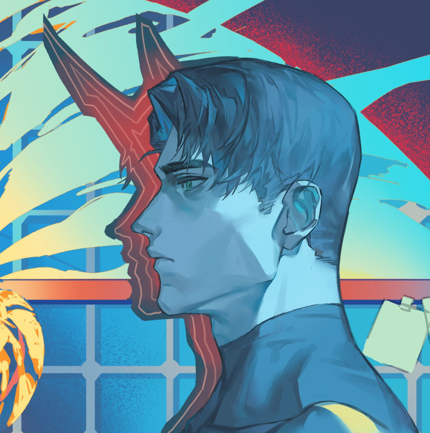 1boy, blue_eyes, blue_hair, blue_theme, different_shadow, from_side, highres, horns