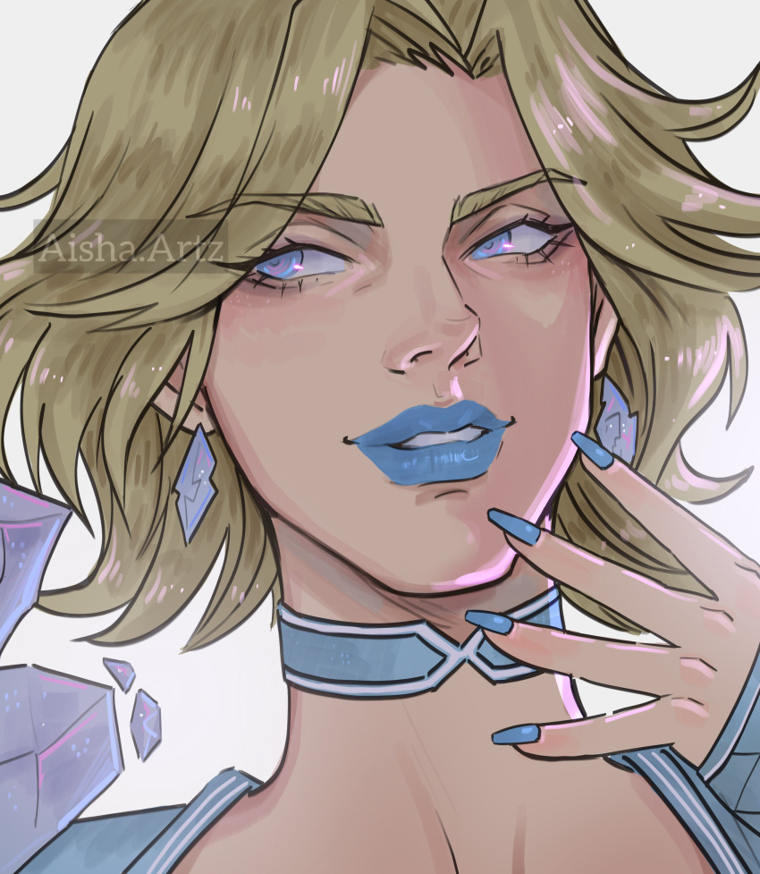 1girl, absurdres, artist_name, artzaisha, blonde_hair, blue_eyes, blue_lips, blue_nails, blue_trim, choker, commentary, diamond-shaped_earrings, emma_frost, highres, looking_to_the_side, marvel, marvel_rivals, mature_female, parted_lips, short_hair, smile, solo, upper_body, white_background, white_choker, x-men