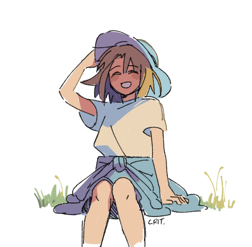 1girl, blonde_hair, blue_shorts, bob_cut, closed_eyes, clothes_around_waist, criteria, grass, grin, hand_on_own_hat, jacket, jacket_around_waist, knees_together_feet_apart, omniscient_reader's_viewpoint, shaded_face, shin_yoosung, shirt, shirt_tucked_in, short_hair, shorts, smile, solo, t-shirt, white_shirt