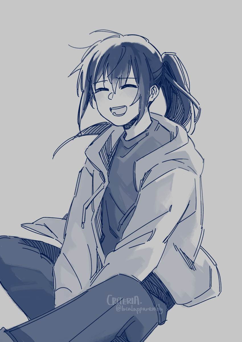 1girl, absurdres, closed_eyes, criteria, facing_viewer, figure_four_sitting, floating_hair, grin