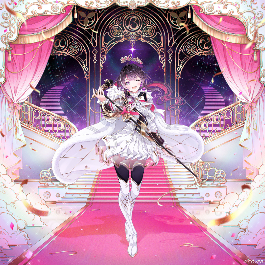 1girl, ;d, absurdres, azki_(hololive), azki_(prima_diva)_(hololive), black_corset, black_hair, blonde_hair