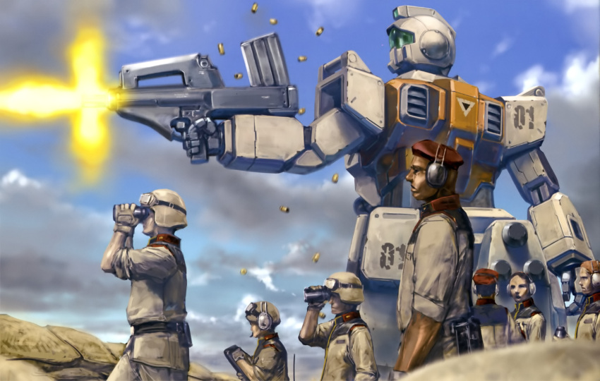 1girl, 6+boys, army, beret, binoculars, blurry, blurry_foreground, bullpup