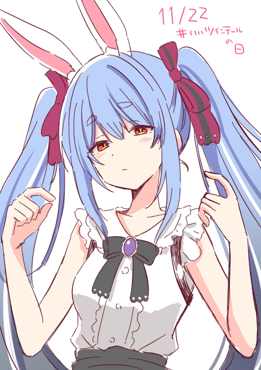 1girl, absurdres, animal_ear_fluff, animal_ears, bare_arms, black_bow, black_skirt, blue_hair