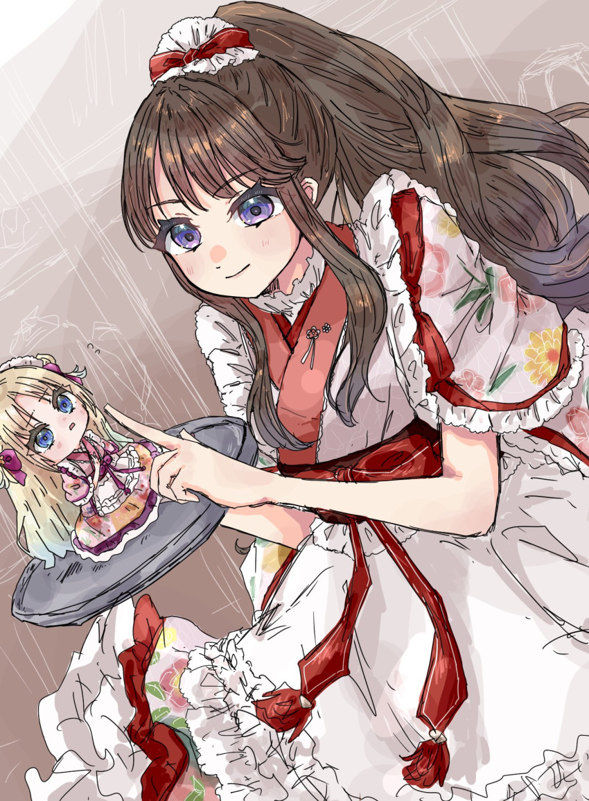 2girls, blonde_hair, blue_eyes, blue_hair, bow, capelet, closed_mouth, commentary_request