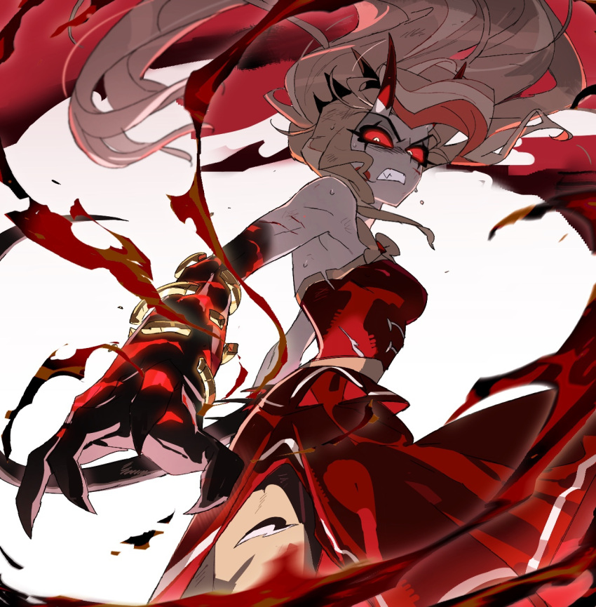 1girl, angry, bare_shoulders, bilidongdong, blonde_hair, breasts, charlie_morningstar, claws, clenched_teeth, colored_sclera, cowboy_shot, demon_girl, demon_horns, dress, fang, hazbin_hotel, hellaverse, highres, horns, long_hair, looking_at_viewer, looking_to_the_side, medium_breasts, ponytail, red_dress, red_eyes, red_sclera, simple_background, solo, teeth, white_background, white_eyes