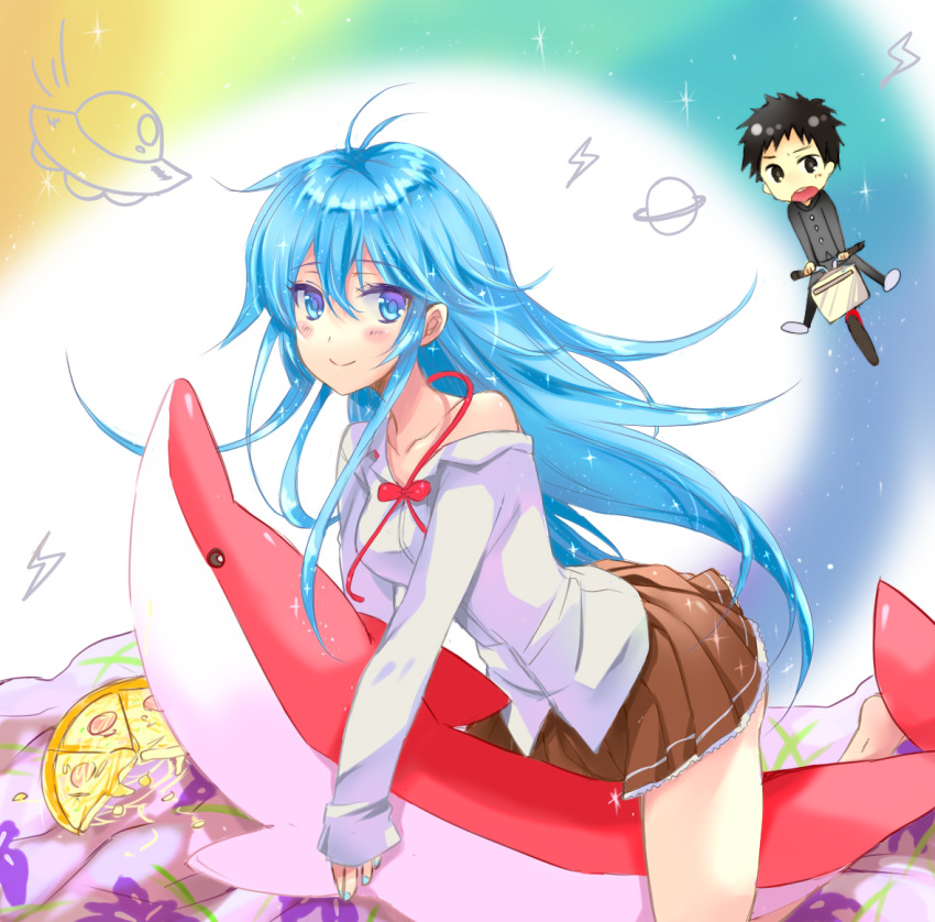 antenna_hair, bare_shoulders, bicycle, blue_eyes, blue_hair, denpa_onna_to_seishun_otoko, dolphin, food