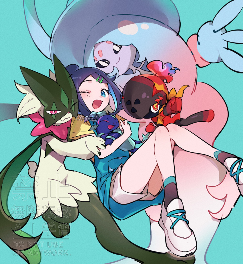 1girl, ;d, black_hair, blue_background, blue_eyes, blue_hair, blue_hoodie, charcadet, colored_inner_hair, hair_ornament, hairclip, hatterene, highres, holding, holding_pokemon, hood, hoodie, liko_(pokemon), looking_at_viewer, mayona_(mayona1poke), meowscarada, multicolored_hair, one_eye_closed, open_mouth, pokemon, pokemon_(anime), pokemon_(creature), pokemon_horizons, shirt, short_hair, short_sleeves, shorts, sleeveless, sleeveless_hoodie, smile, terapagos, terapagos_(normal), two-tone_hair, white_shorts, yellow_shirt