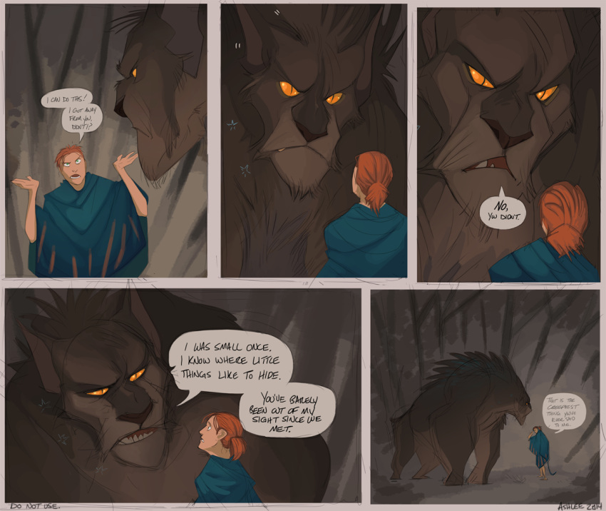 1girl, 1other, blue_poncho, english_text, full_body, greekceltic, green_eyes, jacky_(greekceltic), jim_(greekceltic), orange_hair, orange_poncho, original, outdoors, poncho, ponytail, size_difference, speech_bubble, tail, tree