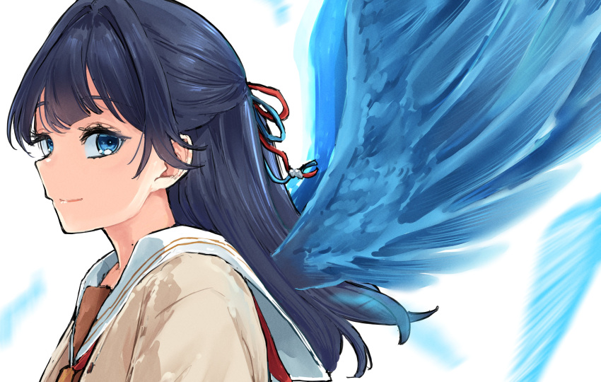 1girl, absurdres, blue_eyes, blue_hair, blue_ribbon, blue_wings, brown_cardigan, cardigan