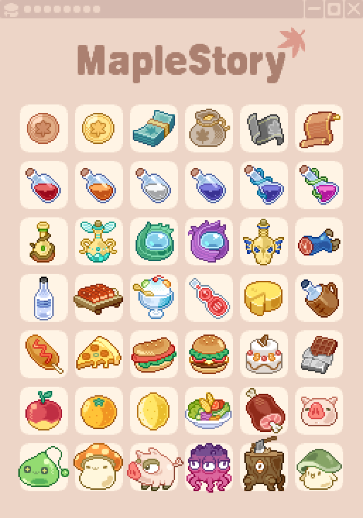 apple, axe, axe_stump_(maplestory), blue_potion_(maplestory), boned_meat, burger, cake, candy