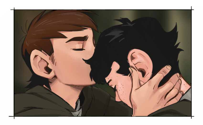 2boys, aatom87, black_hair, blurry, blurry_background, brown_hair, chilchuck_tims, commentary