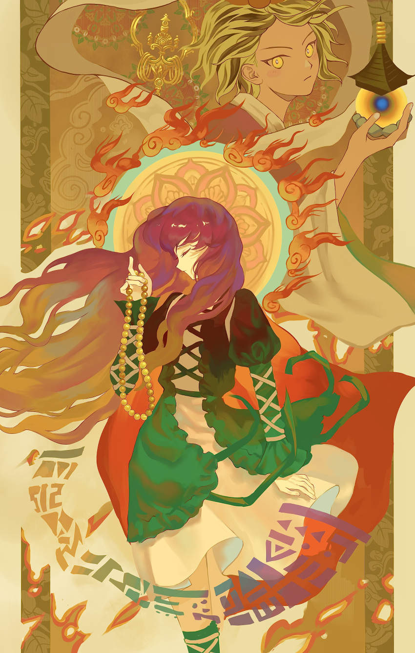 2girls, absurdres, bishamonten's_pagoda, black_dress, black_streaks, blonde_hair, cape, closed_eyes