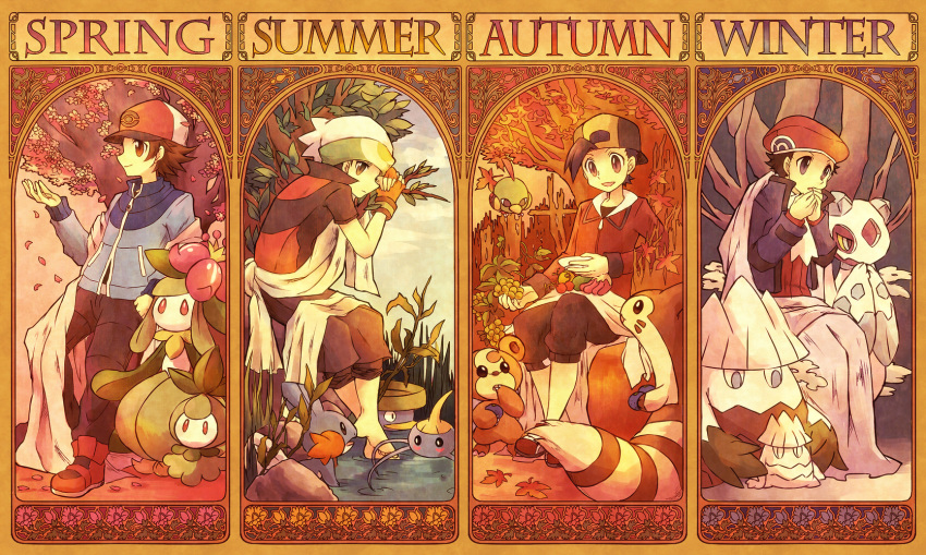 4boys, against_tree, alternate_costume, art_nouveau, autumn, autumn_leaves, barefoot, baseball_cap