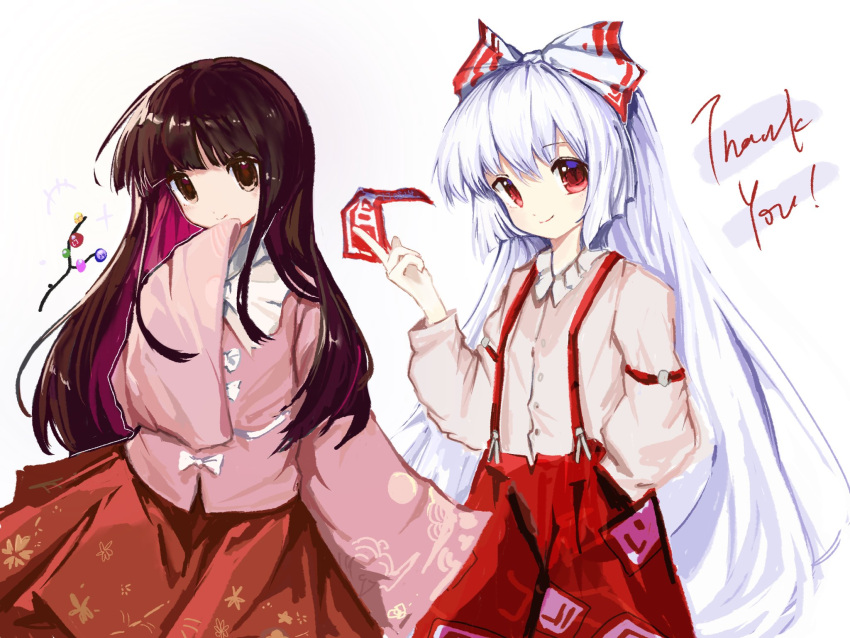 2girls, baggy_pants, bamboo_print, belt, between_fingers, blunt_bangs, bow, bowtie