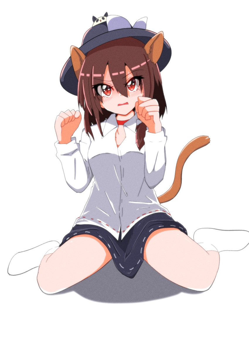1girl, animal_ears, asymmetrical_hair, black_hat, black_skirt, blush, bone_vone, bow