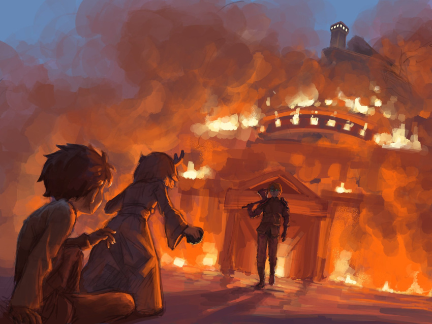 1girl, 2boys, antlers, armor, axe, barusuthegoat, brown_hair, burning