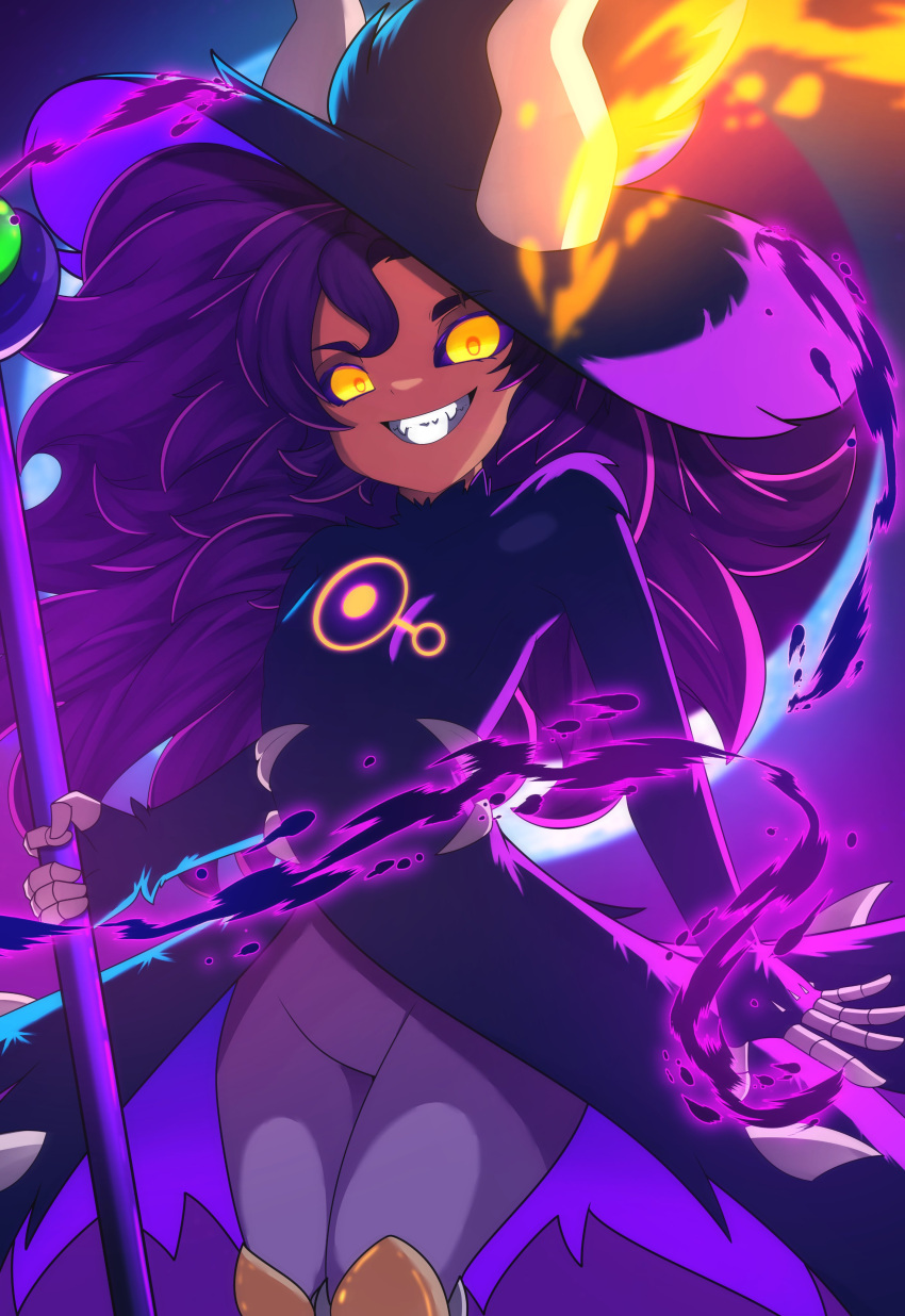 1girl, absurdres, black_sclera, colored_sclera, dark-skinned_female, dark_skin, eyebrow_cut, glowing_leaves