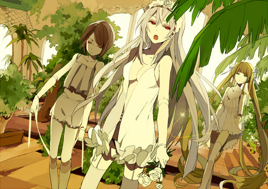 :o, blonde_hair, blue_eyes, breasts, brown_hair, cleavage, closed_eyes, doll_joints