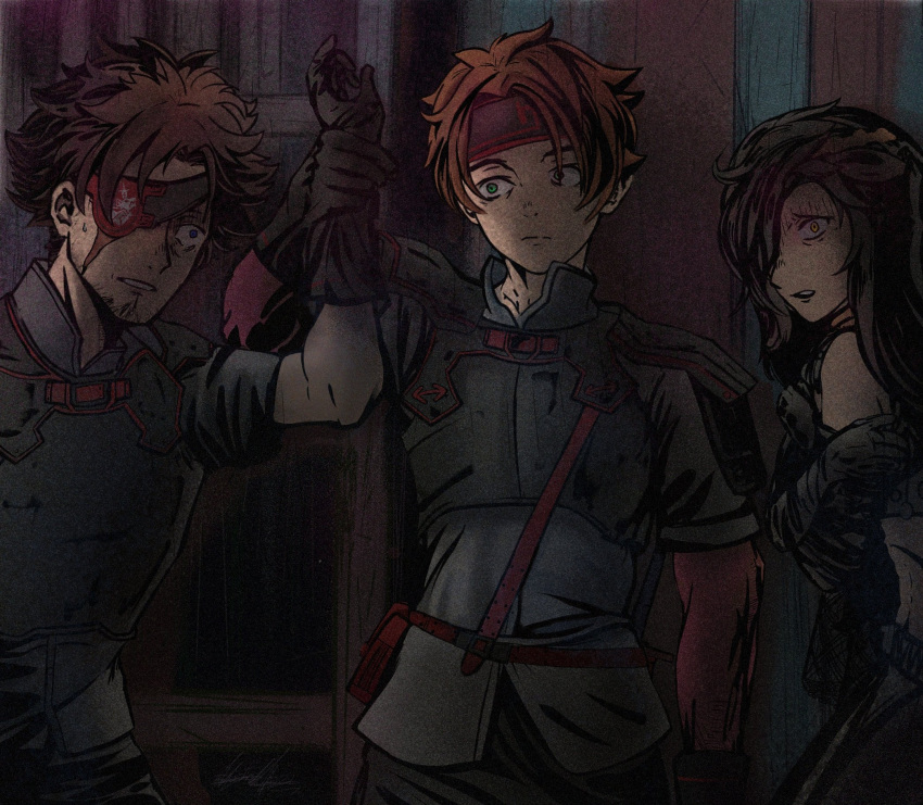 1girl, 2boys, armor, black_gloves, crossdressing, dress, eyepatch, facial_hair