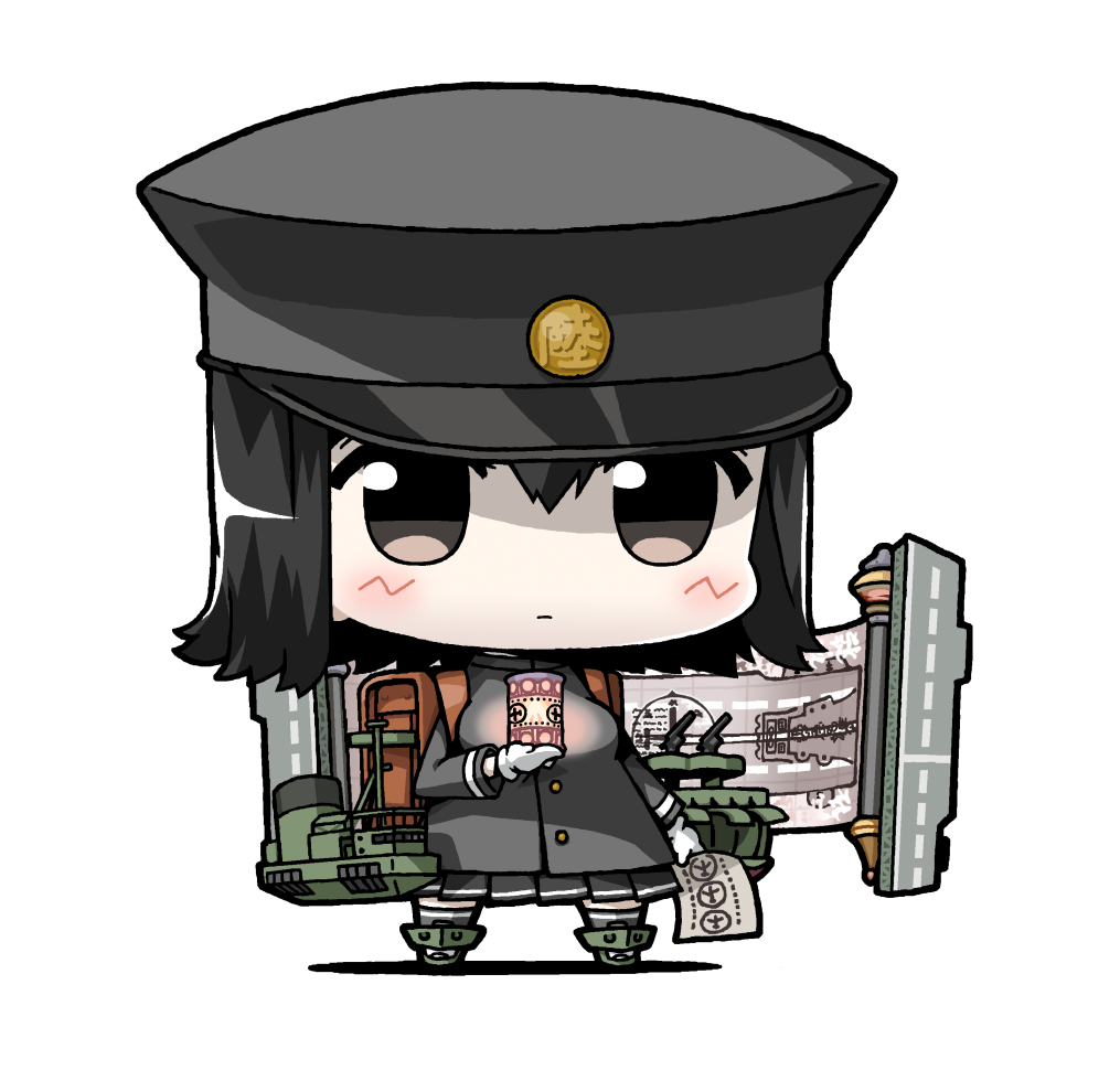 1girl, akitsu_maru_(kancolle), backpack, bag, black_eyes, black_hair, black_skirt, blush