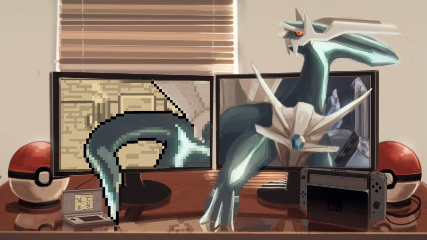 animal_focus, black_sclera, blue_gemstone, cable, colored_sclera, commentary_request, dialga, game_console