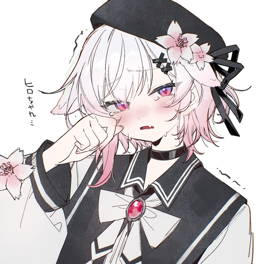 1girl, animal_ears, beret, black_choker, black_hat, black_ribbon, brooch, cherry_blossoms