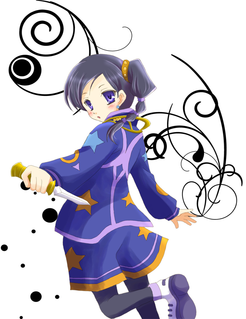 black_hair, black_legwear, coat, dagger, hair_ornament, hairpin, highres, jay, looking_back, male, pantyhose, ponytail, purple_eyes, rein_rise, shoes, shorts, solo, tales_of_(series), tales_of_legendia, violet_eyes, weapon