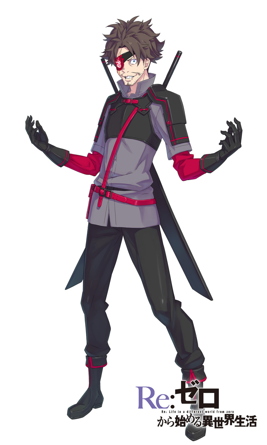 aqua_eyes, armor, beard, belt, belt_pouch, black_armor, black_boots, black_gloves, black_hair, black_pants, boots, clenched_teeth, commentary_request, copyright_name, crazy_smile, dual_wielding, eyepatch, facial_hair, full_body, gloves, grey_shirt, hands_up, highres, holding, holding_sword, holding_weapon, jamal_aurelie, layered_sleeves, long_sleeves, looking_at_viewer, mustache, official_art, ootsuka_shin'ichirou, open_hands, pants, pouch, purple_belt, purple_shirt, re:zero_kara_hajimeru_isekai_seikatsu, scabbard, sheath, sheathed, shirt, short_hair, short_over_long_sleeves, short_sleeves, shoulder_armor, simple_background, smile, standing, stubble, sword, tachi-e, teeth, title, v-shaped_eyebrows, weapon, white_background, wide-eyed