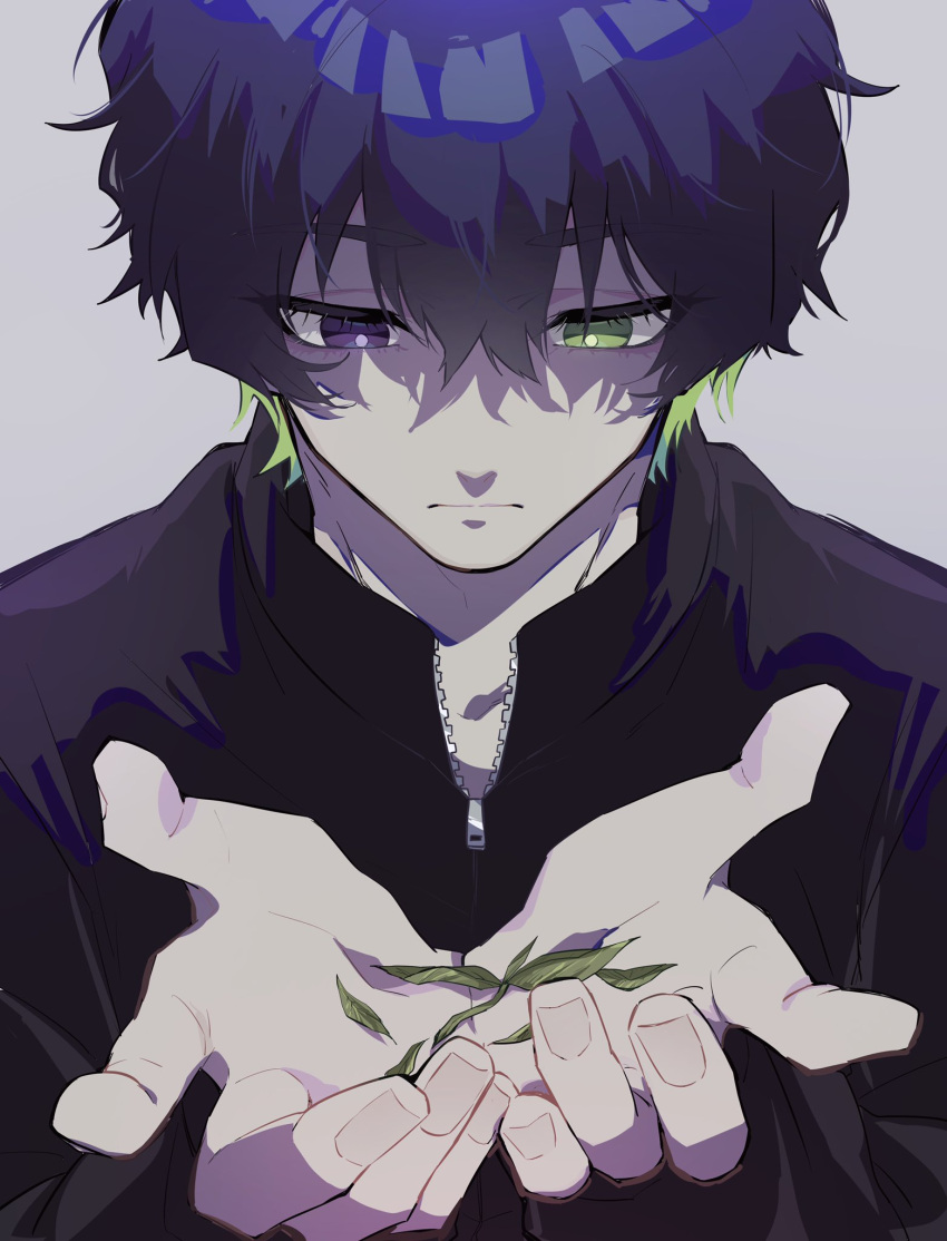 1boy, black_hair, blue_lock, closed_mouth, commentary_request, green_eyes, grey_background, hair_between_eyes