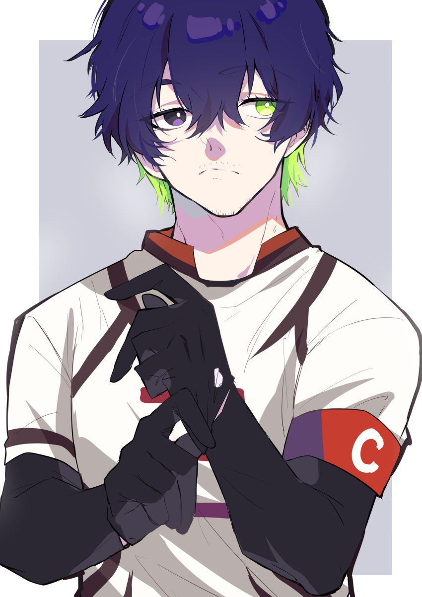 1boy, adjusting_clothes, adjusting_gloves, black_gloves, blue_lock, border, closed_mouth, commentary_request