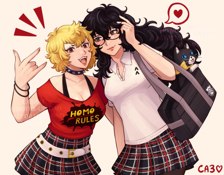 2girls, \n/, amamiya_ren, bag, black-framed_eyewear, black_hair, blonde_hair, breasts