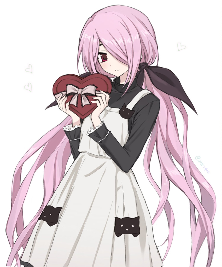 1girl, animal_print, black_dress, black_ribbon, blush, box, candy, cat_print