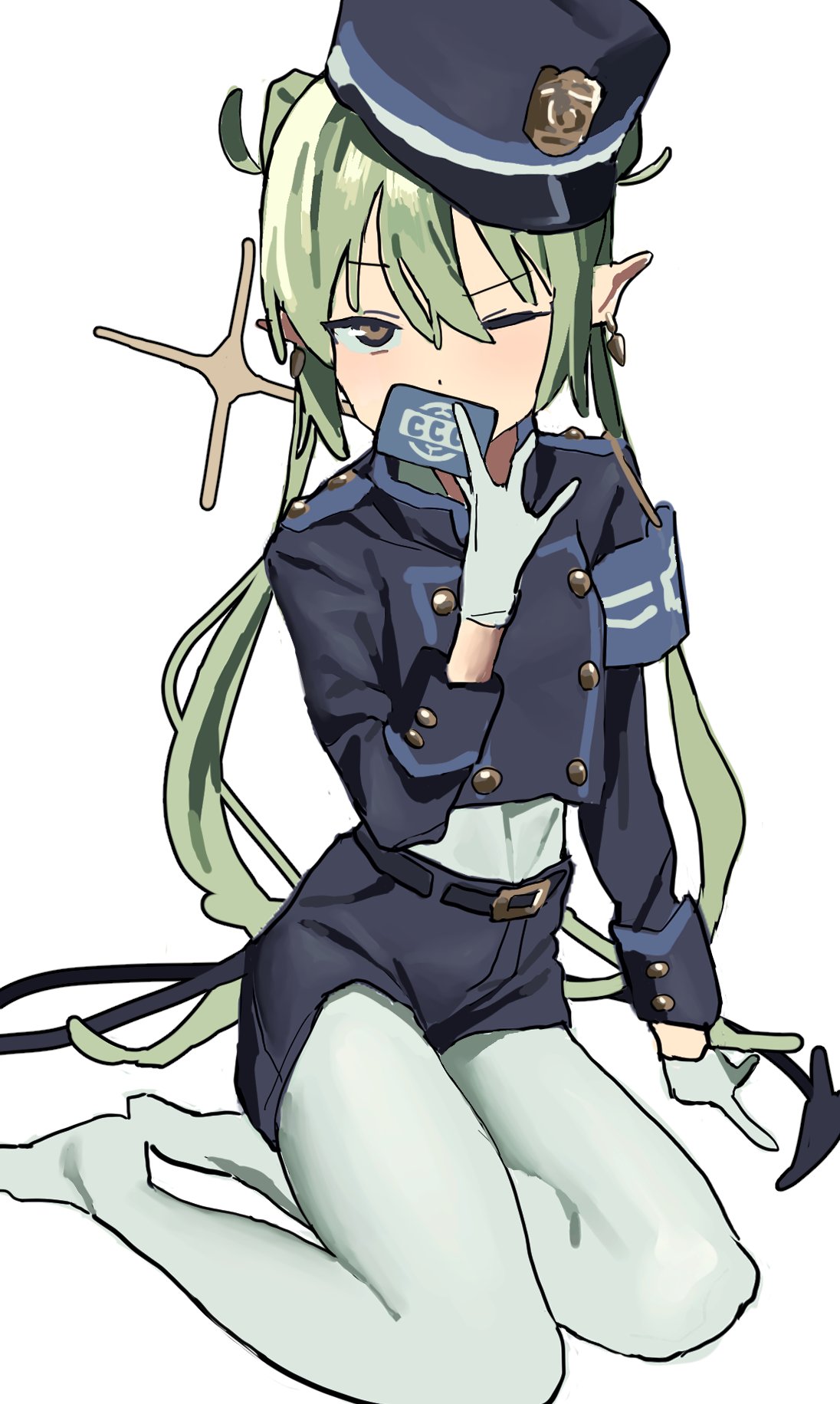 1girl, armband, azalaxy, belt, blue_archive, blue_hat, blue_shorts, card