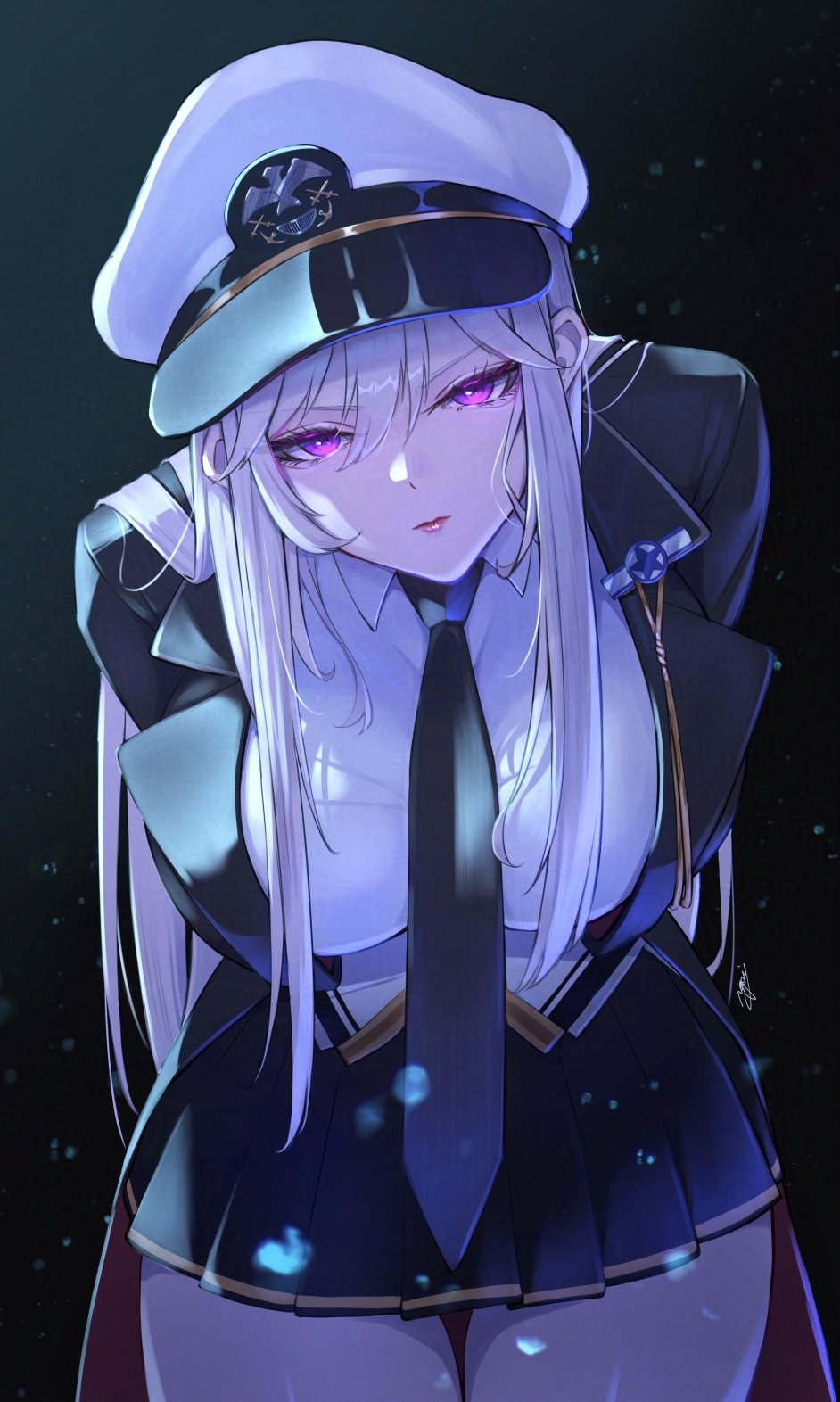 1girl, azur_lane, black_background, black_coat, black_necktie, black_skirt, coat, collared_shirt