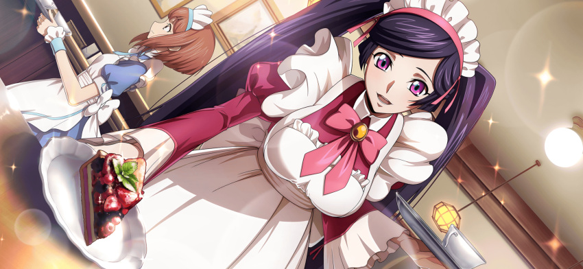 2girls, alternate_costume, apron, black_hair, blue_dress, breasts, brown_hair, code_geass, code_geass:_dakkan_no_roze, code_geass:_lost_stories, dress, enmaided, f4samurai, frilled_apron, frills, game_cg, green_eyes, highres, large_breasts, long_hair, maid, maid_apron, maid_headdress, mei_ema, multiple_girls, official_art, open_mouth, pink_dress, pink_eyes, short_hair, smile, sumeragi_sakuya, teeth, twintails, white_apron