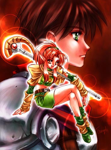 50$, belt, brown_eyes, brown_hair, crop_top, crossed_legs, elf, green_eyes, legs_crossed, long_hair, lowres, masqurin, midriff, orange_hair, payot, pointy_ears, ponytail, profile, shining_force, shining_force_3, sitting, skirt, smile, synbios, wand