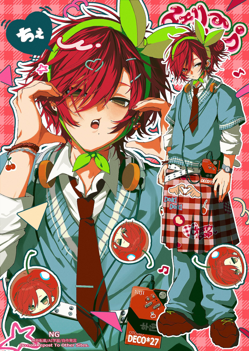 1boy, alternate_costume, audio_jack, badge, baggy_pants, beamed_eighth_notes, belt, blue_pants