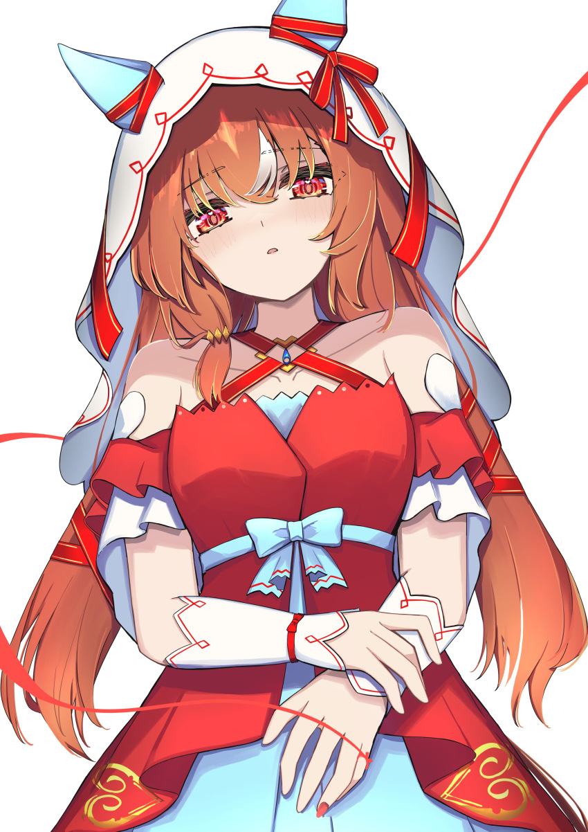 1girl, absurdres, animal_ears, bare_shoulders, breasts, brown_hair, collarbone, commentary_request, detached_sleeves, dress, ear_covers, highres, horse_ears, horse_girl, long_hair, looking_at_viewer, red_dress, red_eyes, simple_background, small_breasts, solo, still_in_love_(scarlet_vow_raiment)_(umamusume), still_in_love_(umamusume), string, string_of_fate, umamusume, upper_body, veil, wakaraaan, white_background, white_veil