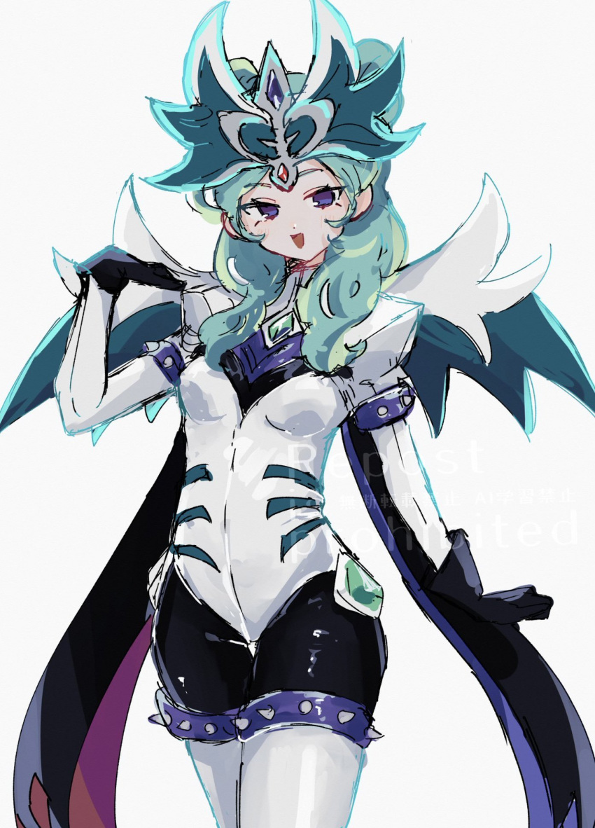 1girl, aqua_hair, armor, beta_(inazuma_eleven), black_bodysuit, bodysuit, commentary, double_bun