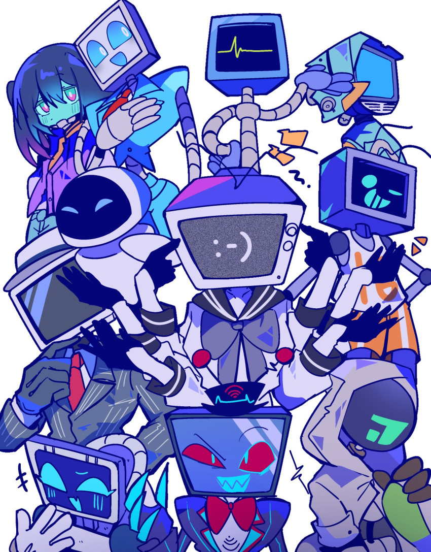 +++, black_gloves, black_hair, black_jacket, canti, character_request, claws, closed_mouth, com_z_(mindhack), commentary_request, copyright_request, crossover, echo_(vocaloid), eve_(wall-e), extra_arms, fang, flcl, friday_night_funkin', gloves, grin, hair_between_eyes, hazbin_hotel, hellaverse, hex_(friday_night_funkin'), highres, hood, hood_up, jacket, karen_(spongebob), kurusu_makina_(milky_galactic_universe), mikiwo_eko53, milky_subway, mindhack, multiple_crossover, necktie, object_head, red_necktie, robot, sailor_collar, school_uniform, serafuku, simple_background, skibidi_toilet_(series), skin_fang, smile, spongebob_squarepants_(series), television, trait_connection, tv_man_(skibidi_toilet), vox_(hazbin_hotel), wall-e, white_background