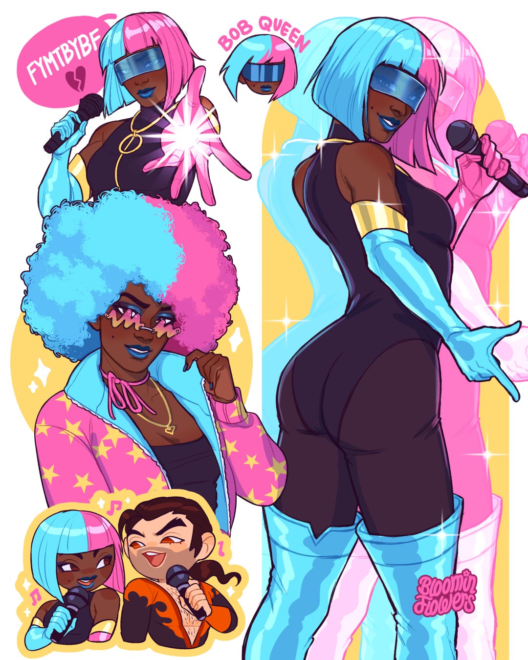 1boy, 1girl, afro, artist_name, bloominflowers, blue_hair, bob_cut, chibi