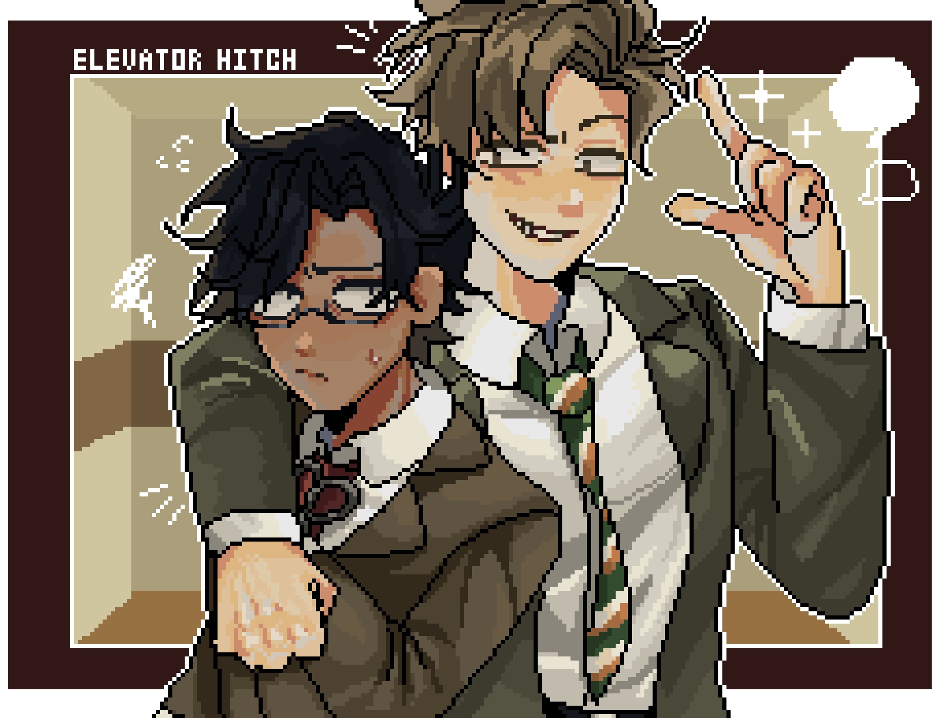 2boys, 9aaaalt29, arm_around_waist, black_hair, border, brown_border, brown_hair, brown_suit, business_suit, closed_mouth, collared_shirt, commentary, copyright_name, coworker_(elevator_hitch), dark-skinned_male, dark_skin, elevator_hitch, green_necktie, green_suit, grin, highres, male_focus, multicolored_necktie, multiple_boys, necktie, nervous, orange_necktie, outline, pixel_art, protagonist_(elevator_hitch), salaryman, shirt, short_hair, smile, suit, sweat, symbol-only_commentary, teeth, upper_body, very_short_hair, white_necktie, white_outline, white_shirt