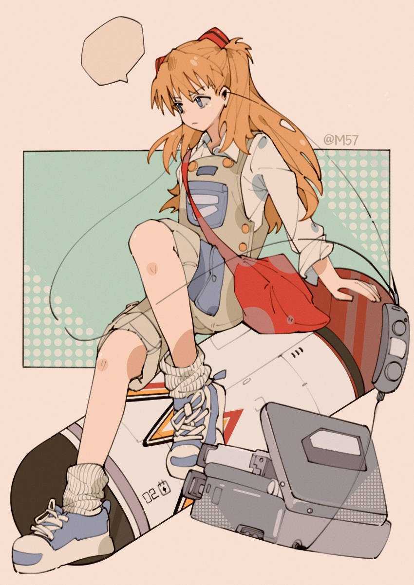 1girl, absurdres, artist_name, bag, blank_speech_bubble, closed_mouth, earphones, full_body, grey_eyes, highres, knee_up, long_hair, loose_socks, m57, neon_genesis_evangelion, orange_hair, overalls, pants, pants_rolled_up, photo-referenced, red_bag, shoes, shoulder_bag, sneakers, socks, solo, souryuu_asuka_langley, speech_bubble, white_socks