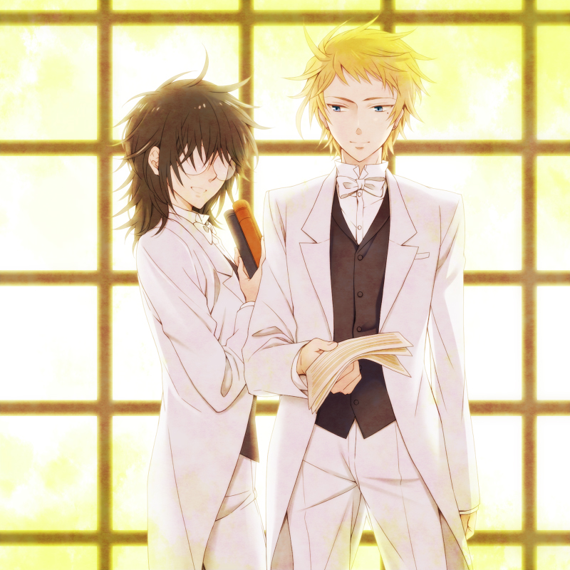 black_hair, blonde_hair, blue_eyes, book, bowtie, elliot_nightray, glasses, iz_9