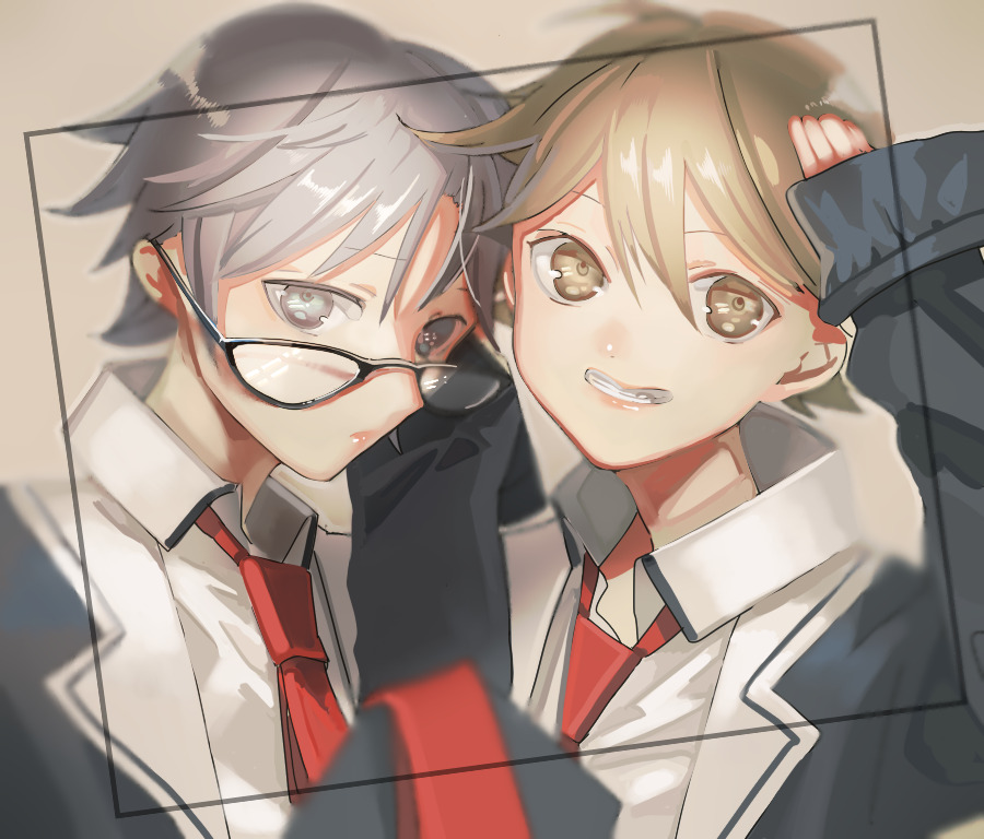 2boys, black_hair, blazer, blonde_hair, blue_hair, brown_eyes, brown_hair, chaos;child